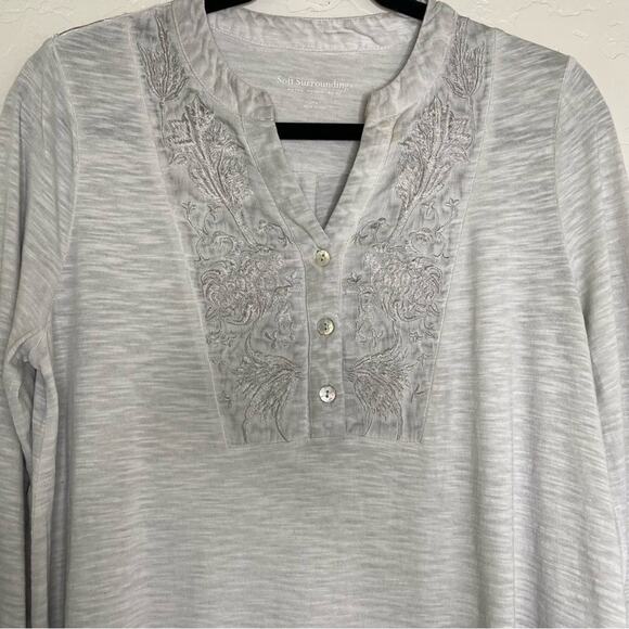 Soft Surroundings Gray Embroidered Cotton Blend 3/4 Sleeve Tunic Top Small - Picture 3 of 13